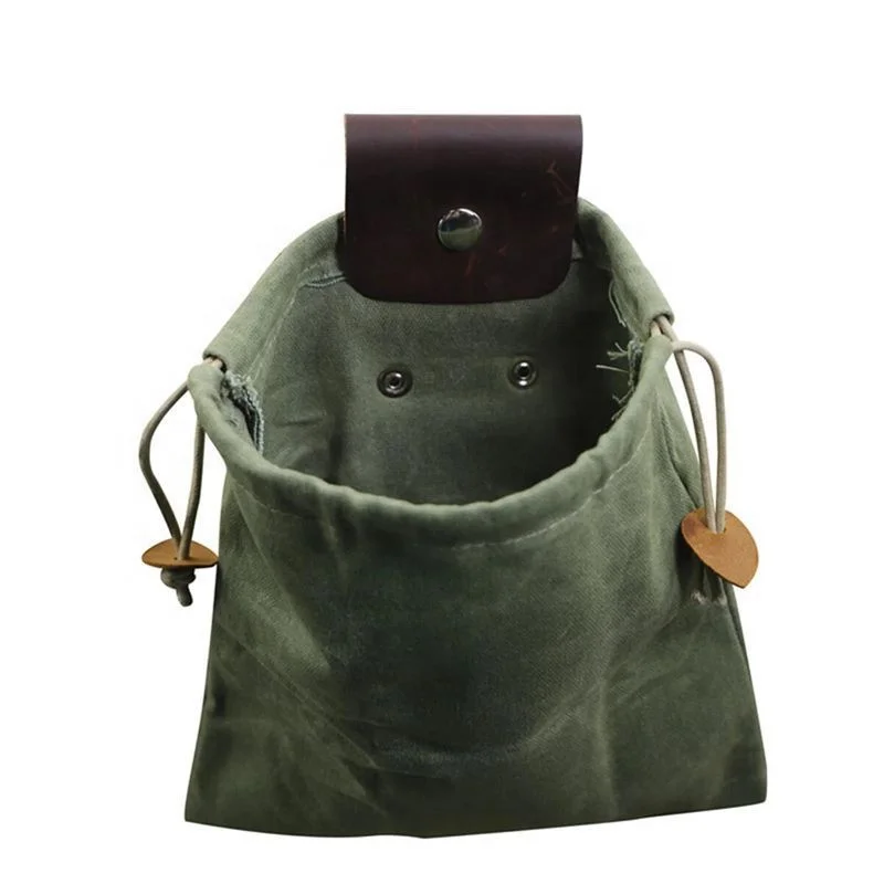 

Leather Waxed Canvas Pouch,Outdoor Foraging Bag with drawstring(Collapsible) Belt Bag for rock collecting,picking up shells, As pics or customized color