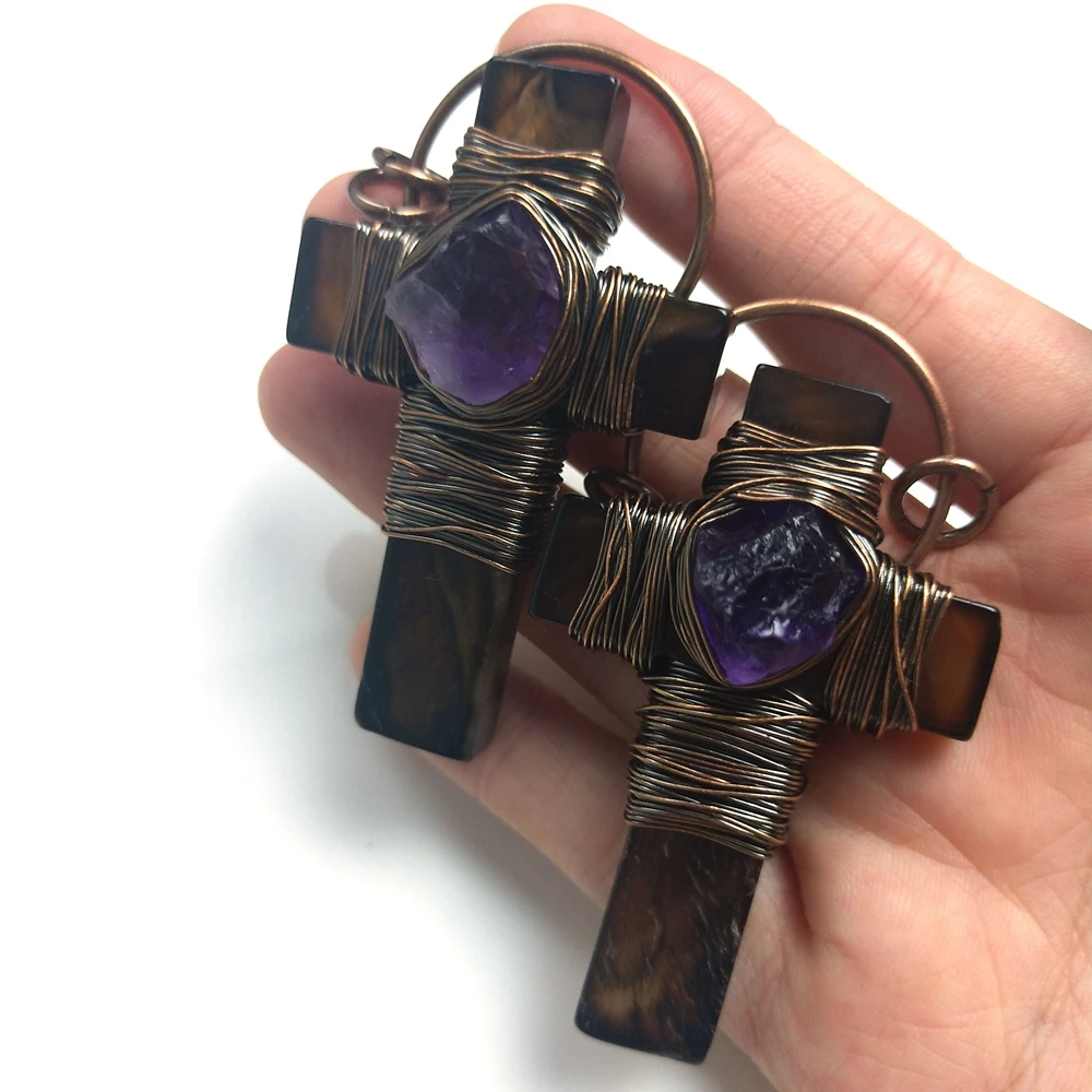 

China Factory Wholesale Cross Shape Natural Stone Wire Wrapped Amethyst Agate Pendant Handmade DIY Necklace Beads Bracelet Charm, Smoky, purple