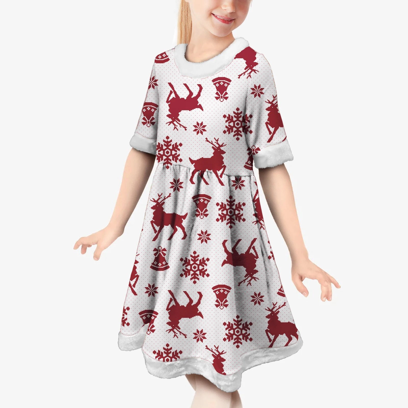 

Christmas Red Reindeer Snowflake Bells Seamless Pattern Baby Xmas 10 Year Girls Sexy Big Girl Plush Short Dresses for Christmas, Customized color