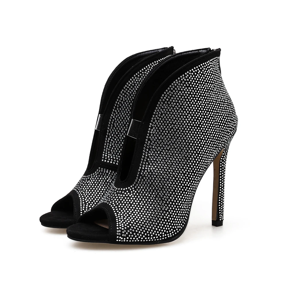 

Crystal high heel short boots open toed 11cm thin high-heeled woman Ankle Boots big size 42 black nude