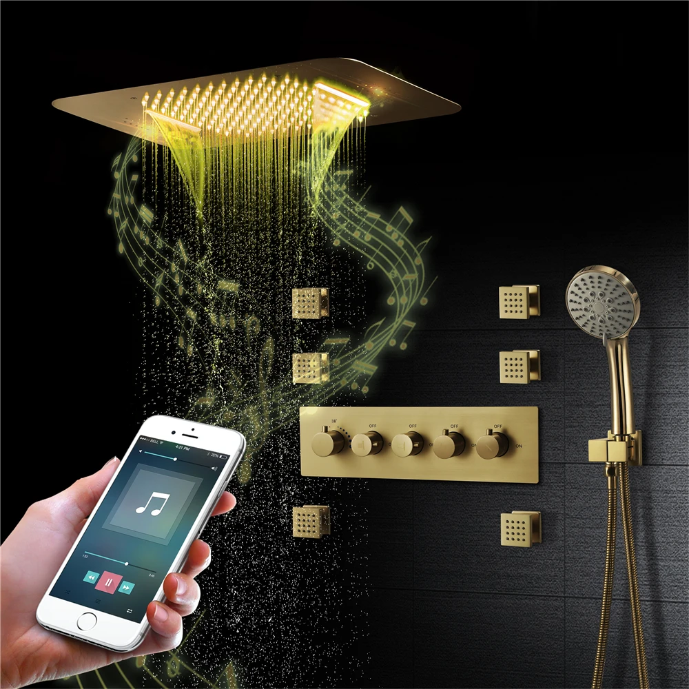 

Brushed Gold Play Music LED Shower Set Ceiling Rain Thermostatic Shower Mixer System With 6 Pcs Body Jets