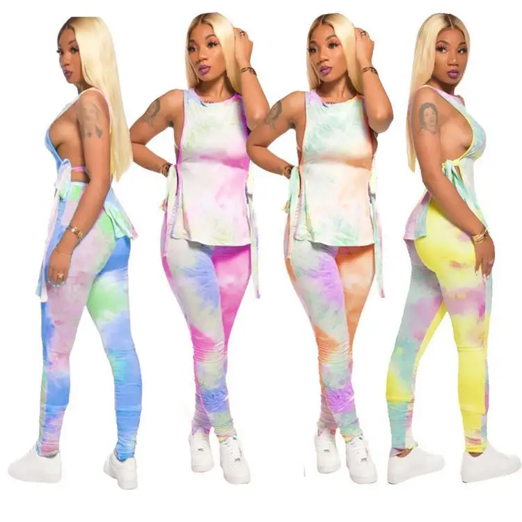 

New Arrival Tie Dye Print Sleeveless Slit Sexy Outfit Women 2 Piece Stacked Pants Set