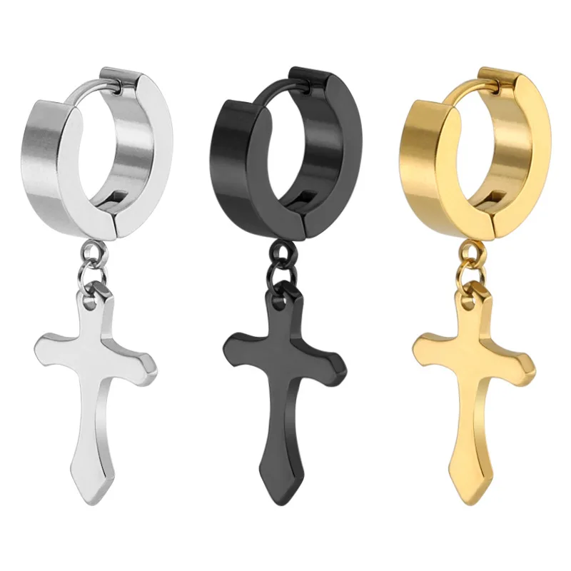 

Japanese And Korean New High-End Stainless Steel Round Ring With Cross Pendant Earrings Women, Picture