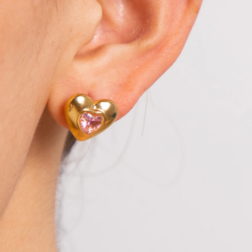 

18K Gold Plated Stainless Steel Earring Dainty Heart Shape Design Pink Cubic Zirconia Inlaid Stud Earring