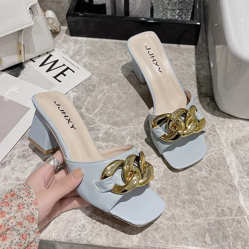 

New arrivals 2021 summer female luxury party shoes with the chain women block heeled sandals, Black,beige,green