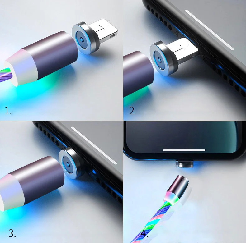 
Factory flowing electric magnetic power led usb charger type c micro usb 3 in 1 usb charging cable for lightning mobile phone 