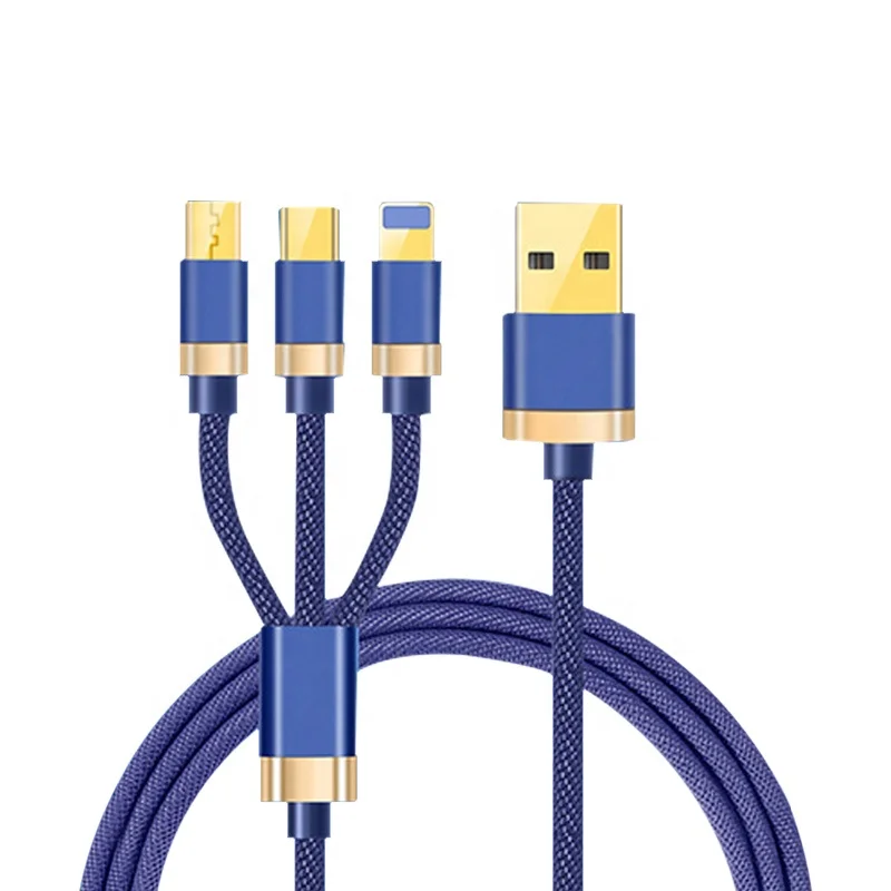 

hot sell cowboy durable 3 in 1 USB charging cable for iphone+typec+microV8 flat fast charging cable 3A