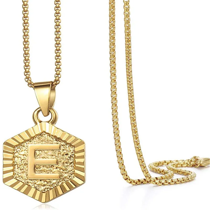 

Wholesale Gold Plated Copper Brass Small Hexagon Tag Pendant Women Girls Monogram 26 Initial Letter Necklace Jewelry For Gift, Silver &amp; gold color
