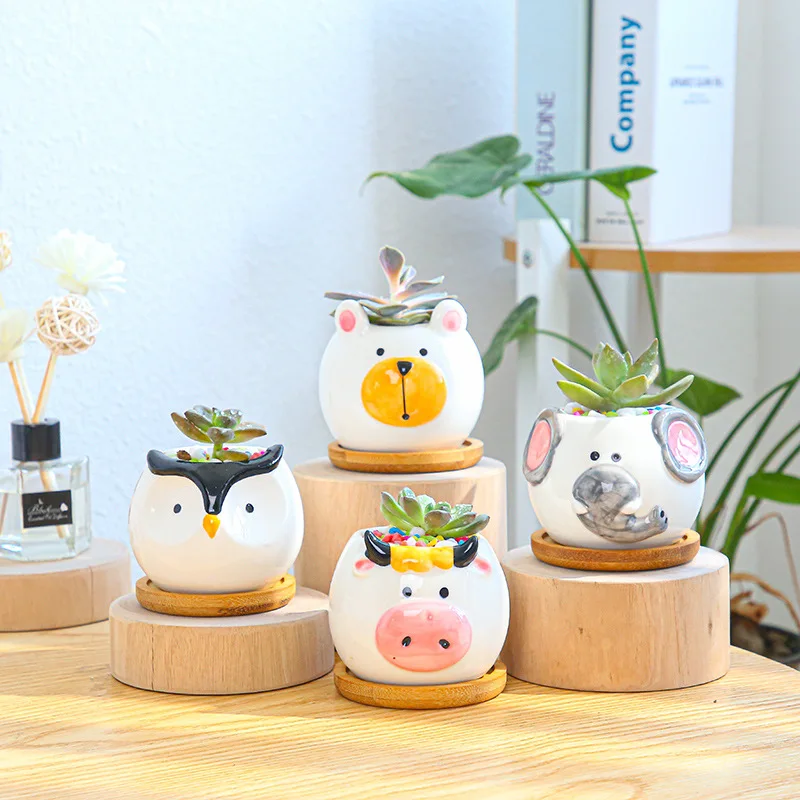 

4pcs/set Cartoon Animal Ceramic Flowerpot Round Flower Pot Succulent Cactus Plant Pots Home Decor Garden Planter, Customized color