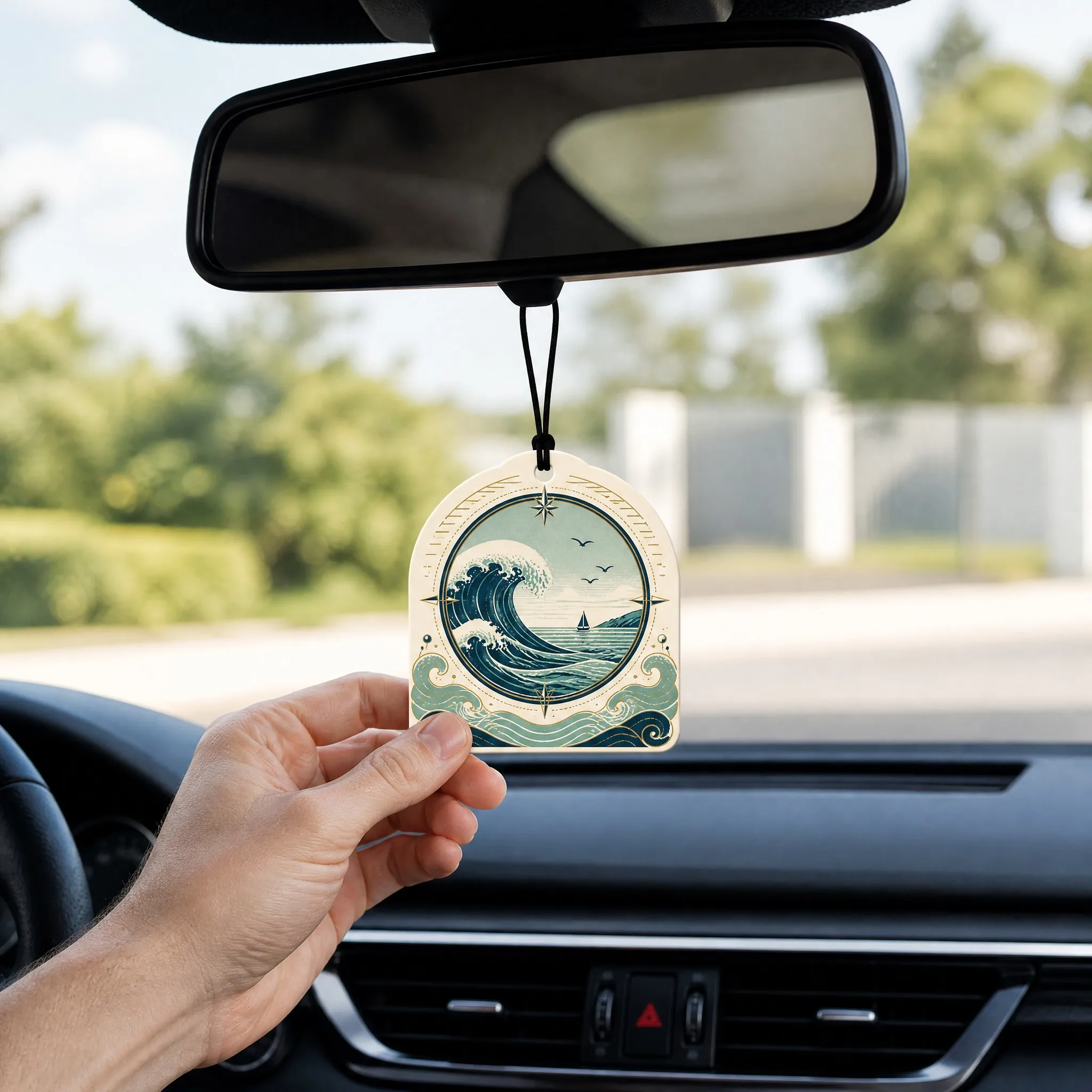 Ocean Waves and Compass Scented Air Freshener Hanging in Car from Rearview Mirror Lifestyle Context