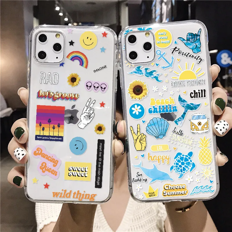 

Summer Queen Good Vibes Stickers Case For iPhone 12 11 Pro 7Plus 7 6S 8 8Plus X XS Max XR Soft Clear TPU Phone Case Cover Fundas, Mix patterns