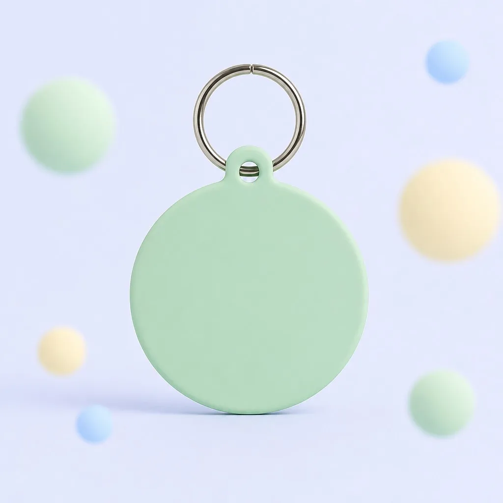 Mint keychain tag standing upright with pastel bokeh background