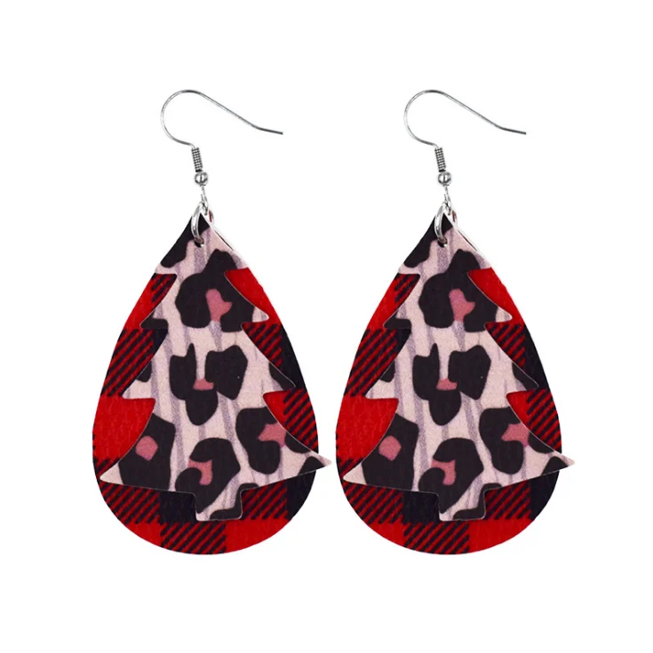 

Hot selling Leather Multilayer Earring Red Plaid Leopard Print Lightweight Teardrop Dangling Earrings for Women Christmas Gifts, Red/gold/green/colorful