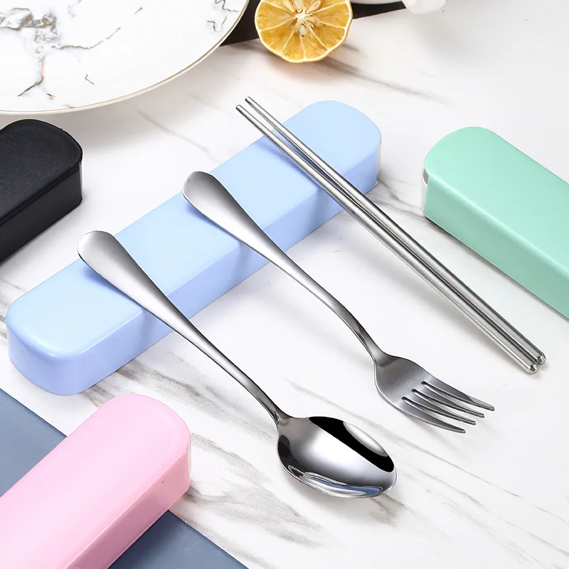 

Eco Friendly Stainless Steel Chopsticks Spoon Fork Set Travel Cutlery Set With Plastic Case, Silver