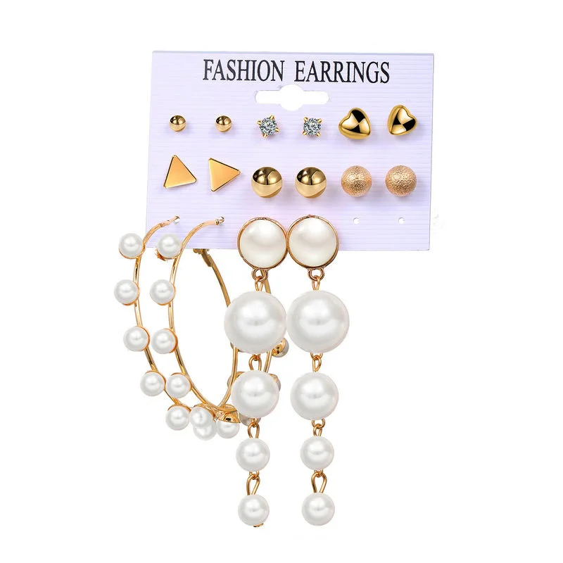 

HOVANCI Gold Plate 8 Pair Set Big Round Pearl Hoop Earrings Pear Tassel Dangle Earrings Geometry Round Triangle Stud Earring Set