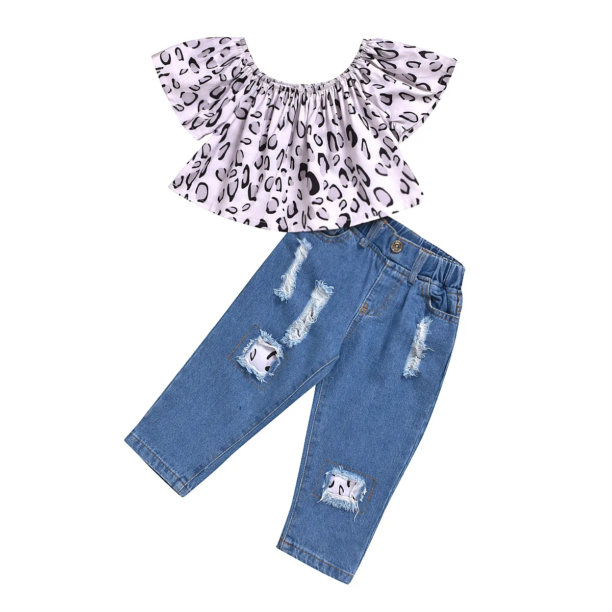 

2020 New Ins baby hot style short sleeve elastic leopard print button denim ensembles kids clothes for girls, As pic shows, we can according to your request also