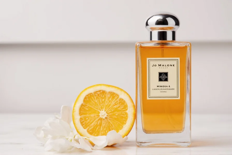 Close-up of Jo Malone Mimosa & Cardamom bottle showing the distinctive orange-hued liquid and minimalist packaging