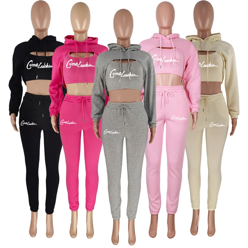 

2021 Custom Cut jacket Streetwear Hoodie Crop Top Fleece Thick Tracksuit Lounge Wear Set 3 Piece Set Jogger Sweatsuit Women