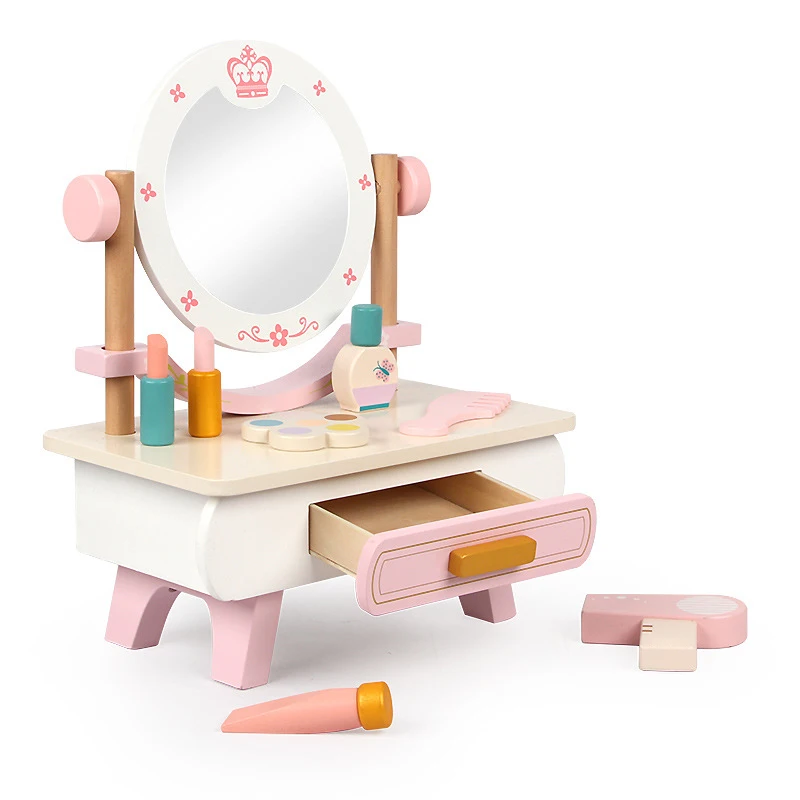 

Children's Pretend Play Wooden Makeup Toys Girls Dressing Table with Mirror Cosmetic Toys Beauty Set Toy for Kids