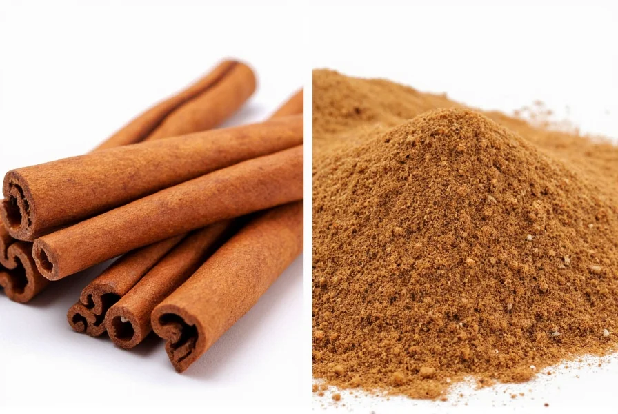 Side-by-side comparison of ground Saigon cinnamon versus ground Ceylon cinnamon in spice jars