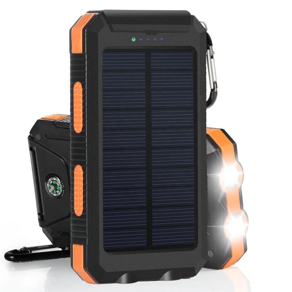 

New Arrival High Quality Portable Solar Panel Charger 10000mah Waterproof Solar Power Bank With Compass for Hiking, White, black, red, blue etc