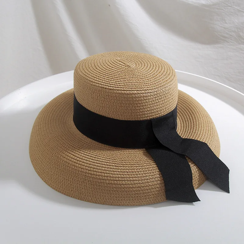 7055 Fashion Summer Girls Beach Sun Hat Wholesale Custom Plain Wide Brim Ribbon Straw Hat For Women