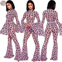 

9122328 new stylish Floral Print Mesh Turtleneck Flare Sleeve Fashion casual Slim Suit Winter Clothes Women Pant Sets