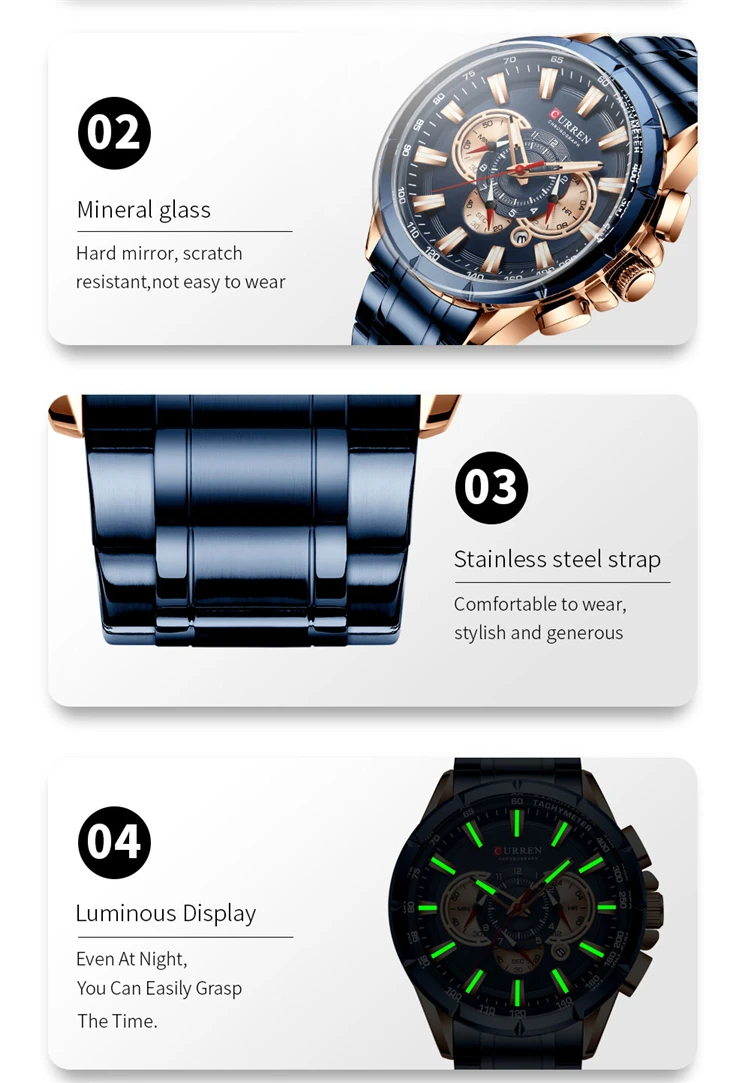 CURREN 8363 Fashion Men Watches With Stainless Steel Top Brand Luxury Sports Chronograph Quartz Watch Men Relogio Masculino
