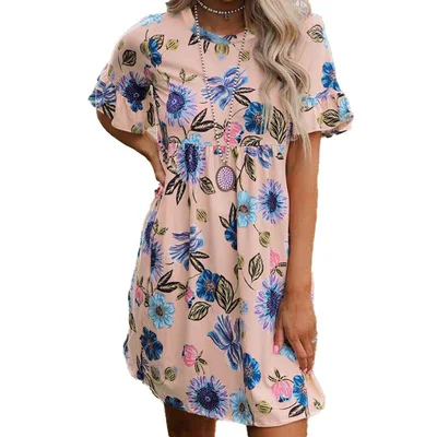 

F30317A 2021 New Arrival Custom Label Summer Fashion Plus Size Ruffled Short Sleeve Floral Women Casual Dress, As picture