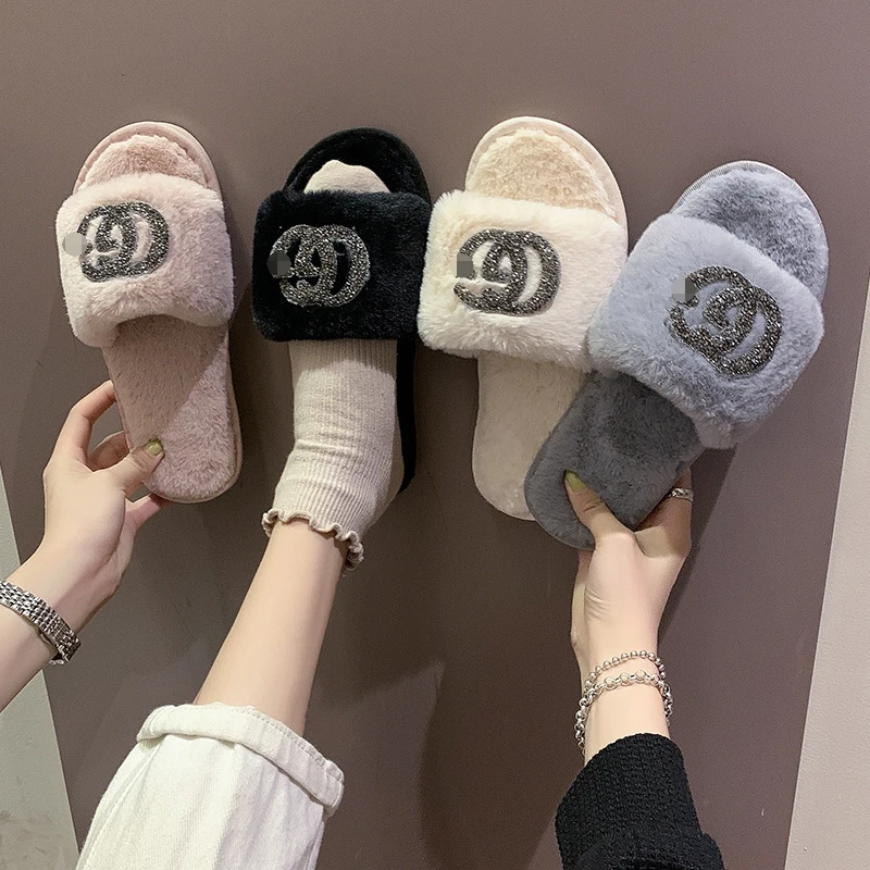 

women's Fur slippers indoor outdoor Autumn winter diamond flat bottom open toe flip flop fashionable cotton fluffy Slippers, Black white grey pink