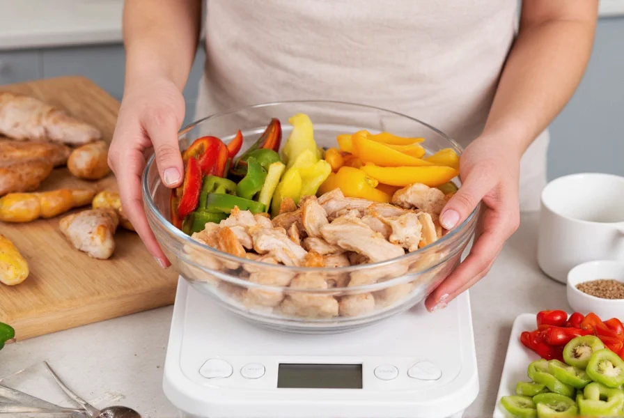 Nutritionist measuring chicken and bell pepper portions on kitchen scale, colorful bell pepper slices arranged in rainbow pattern, cooked chicken breast pieces, measuring cups with seasonings