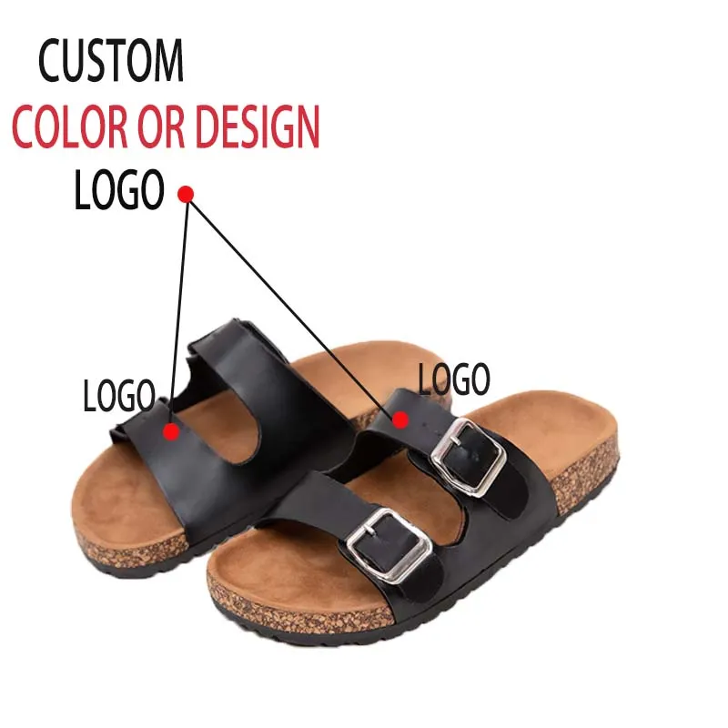 

custom LOGO manufacturer home metal buckle women's luxury pvc pu casual beach cork slipprs sandals, White and black