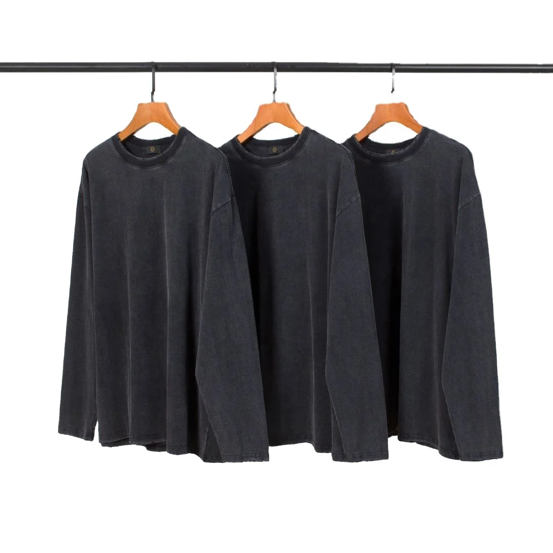 

2021 new design 100% cotton snow washed retro t-shirt long sleeve streetwear distressed vintage t shirts, Vintage black