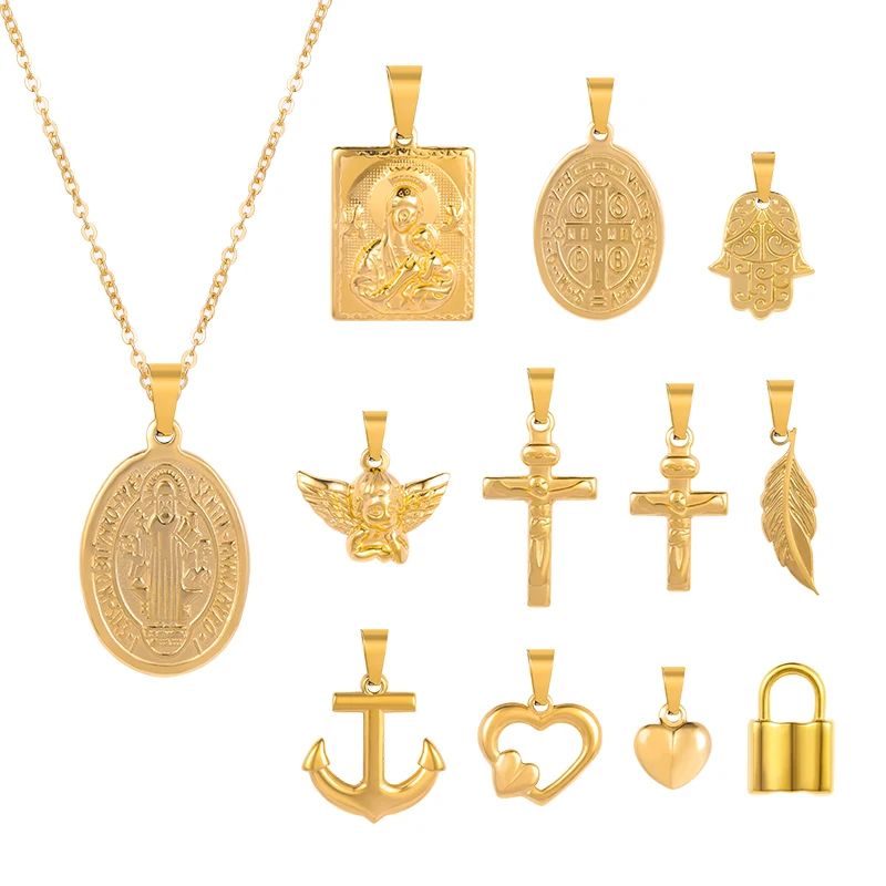 

HOVANCI Charm Pendants Christian Religious Cross Jewelry 18K Gold Plated Stainless Steel Waterproof Virgin Mary Necklace