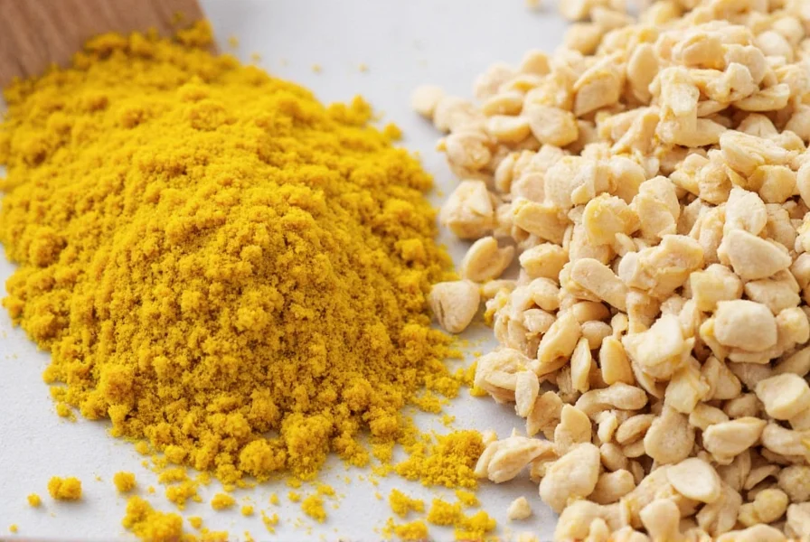 Close-up of ground mustard and dry mustard powders in small bowls