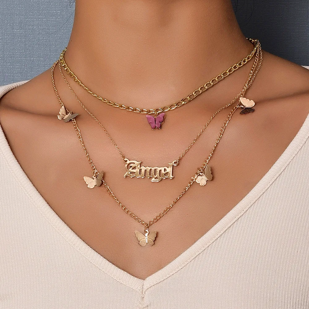 

Simple Design Butterfly Charm Layered Choker Necklaces Double Circle Pendant Gold Plated Chain