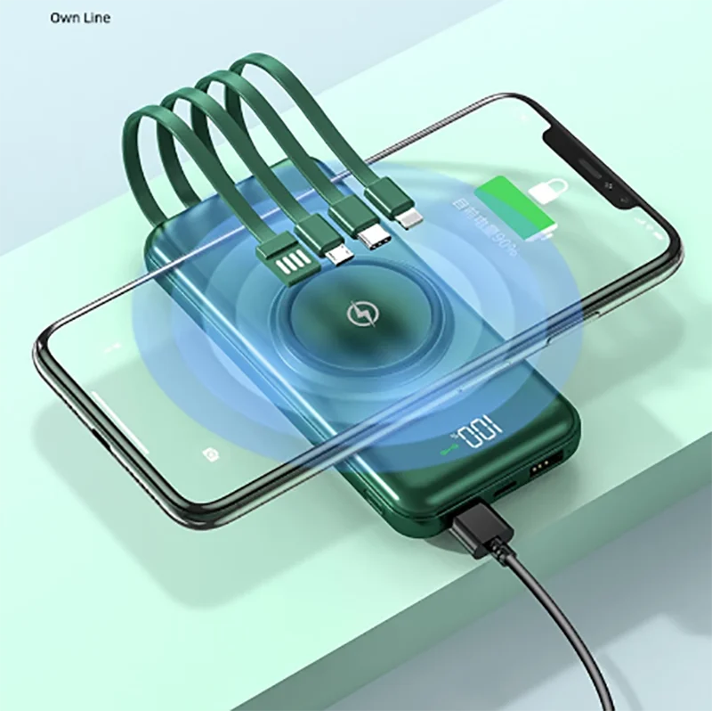

New Products Wireless Charger 20000mAh Power bank Fast Charging External Battery Powerbank with Cable For iPhone 11 XR XS, Black white green