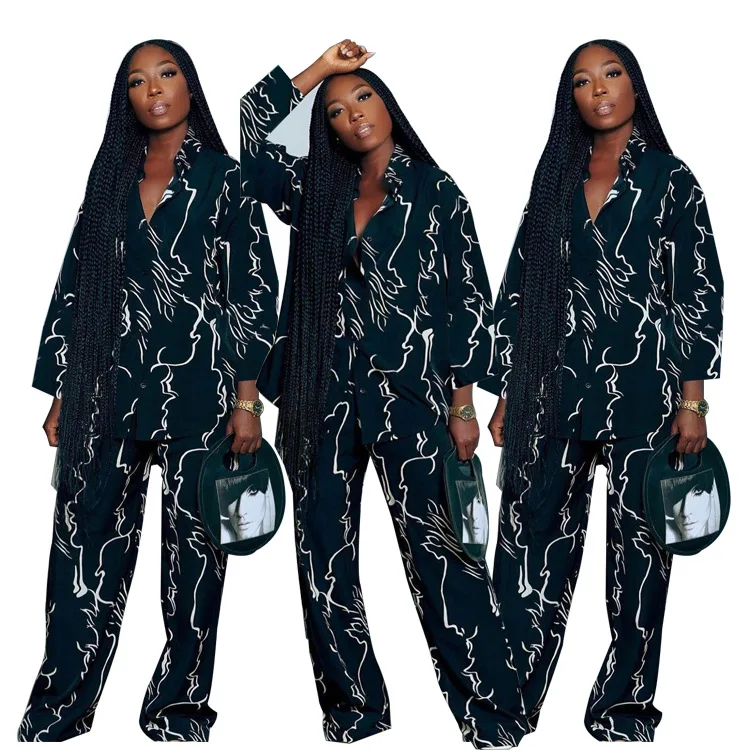 

2022 New Print Long Sleeve Blouses And Pants 2 Piece Set For Women, 1colors