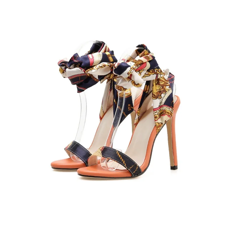 

Printing Calico Lace Up Ladies High Heels Shoes Slippers Sandals, Customized color