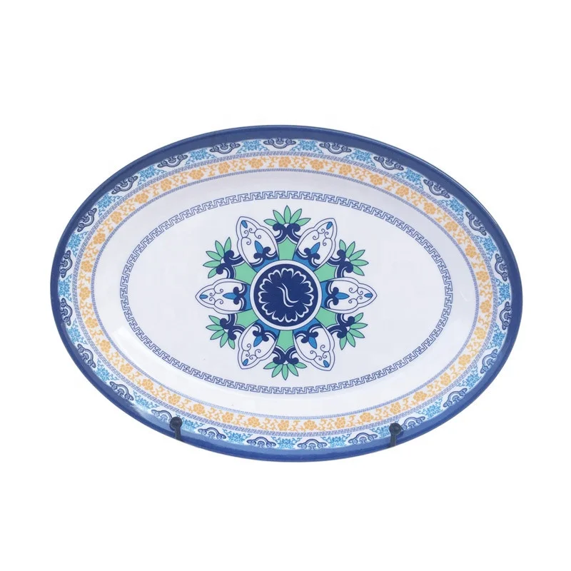 

colorful print stock wholesale food grade unbreakable melamine dinner oval plate, White color