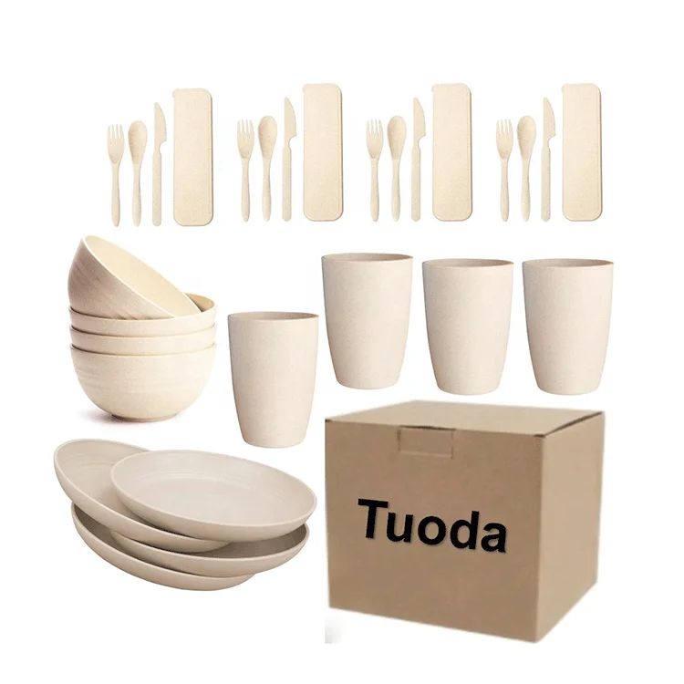 

Beige 28 pieces Eco Friendly Reusable Cups Plates Bowls and Cutlery Set Tableware Wheat Straw Dinnerware