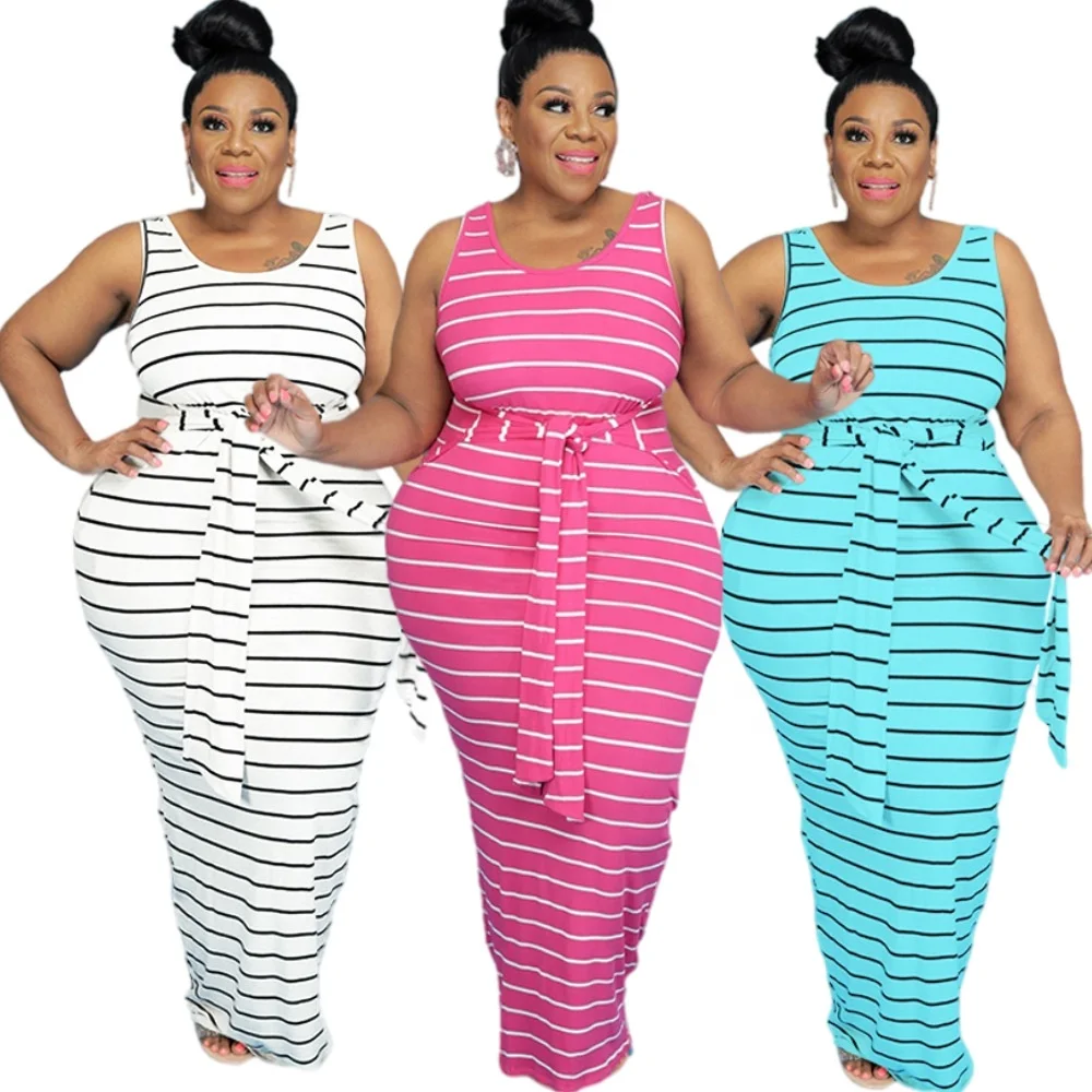 

QC-DHN002 Oversized shirt big women stripe dress with sash casual plus size dresses