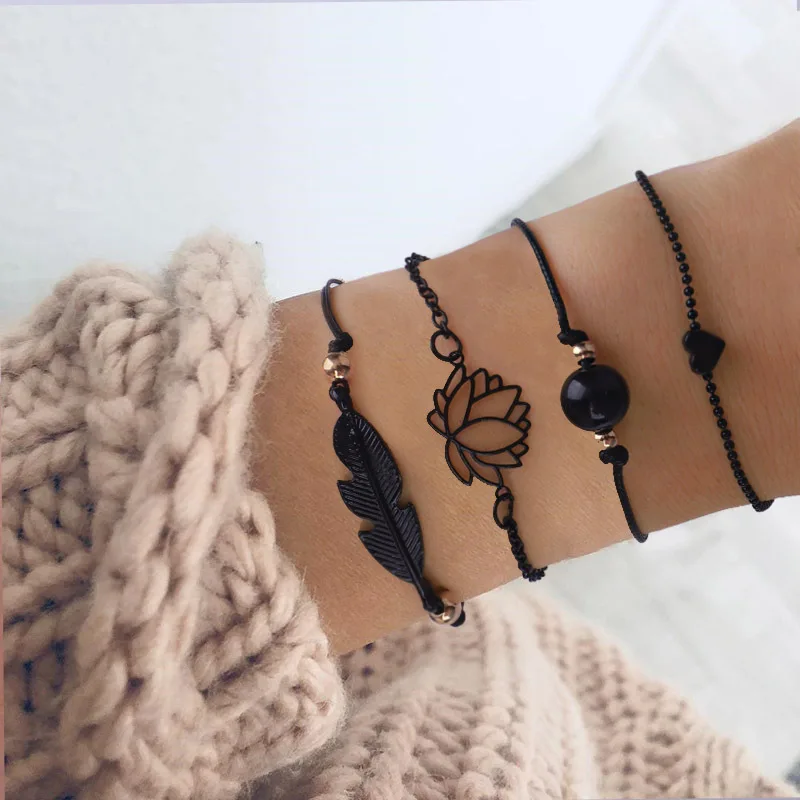 

elastic non tarnish Sister Black Small Heart lotus Leaf Women DIY Jewelry Making Charm sorority Buddha Silk Cord Bracelet Set