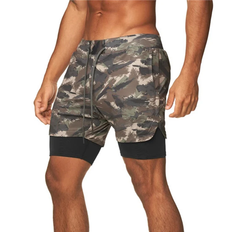 

2023 Customized Logo Mens Shorts Cause Wear Polyester Spandex Shorts with New Camo Color Summer Double Layer Mesh Muscle Shorts