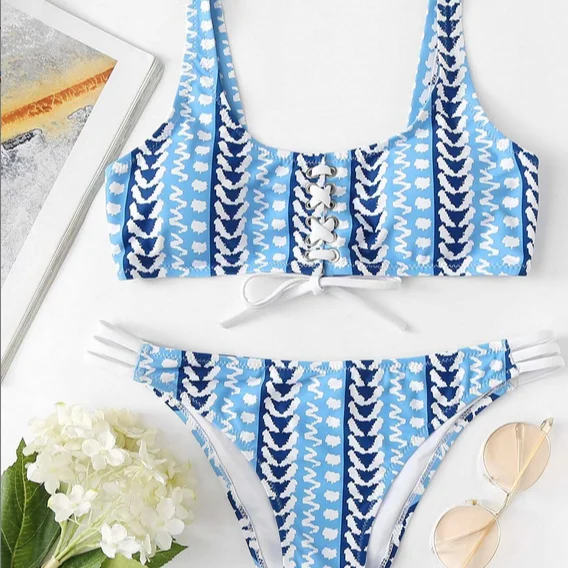 

Mesh strappy bikini, plaid print split swimsuit, sexy swimsuit women, Picture