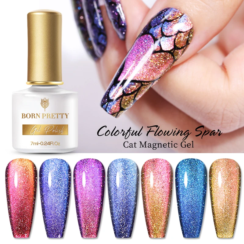 

BORN PRETTY 2021 7ml Colorful Flowing Spar Cat Magnetic Gel Polish Soak Off UV Gel for Nail Design, 7 color for choose