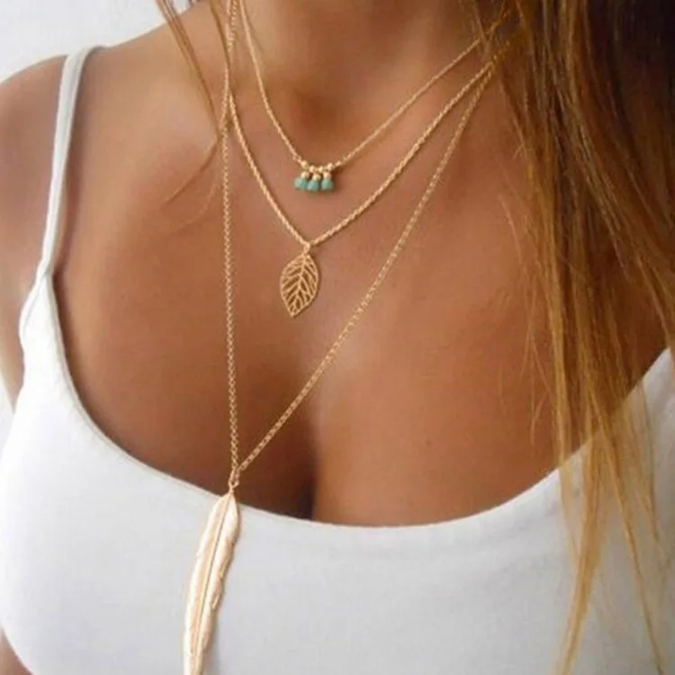 

2020 Fashion jewelry layered beaded leaf feather women's necklace, Gold, silver