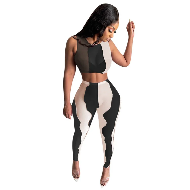 

New fashion 2021 summer breathable mesh sexy crop top and long pants women 2 two piece set