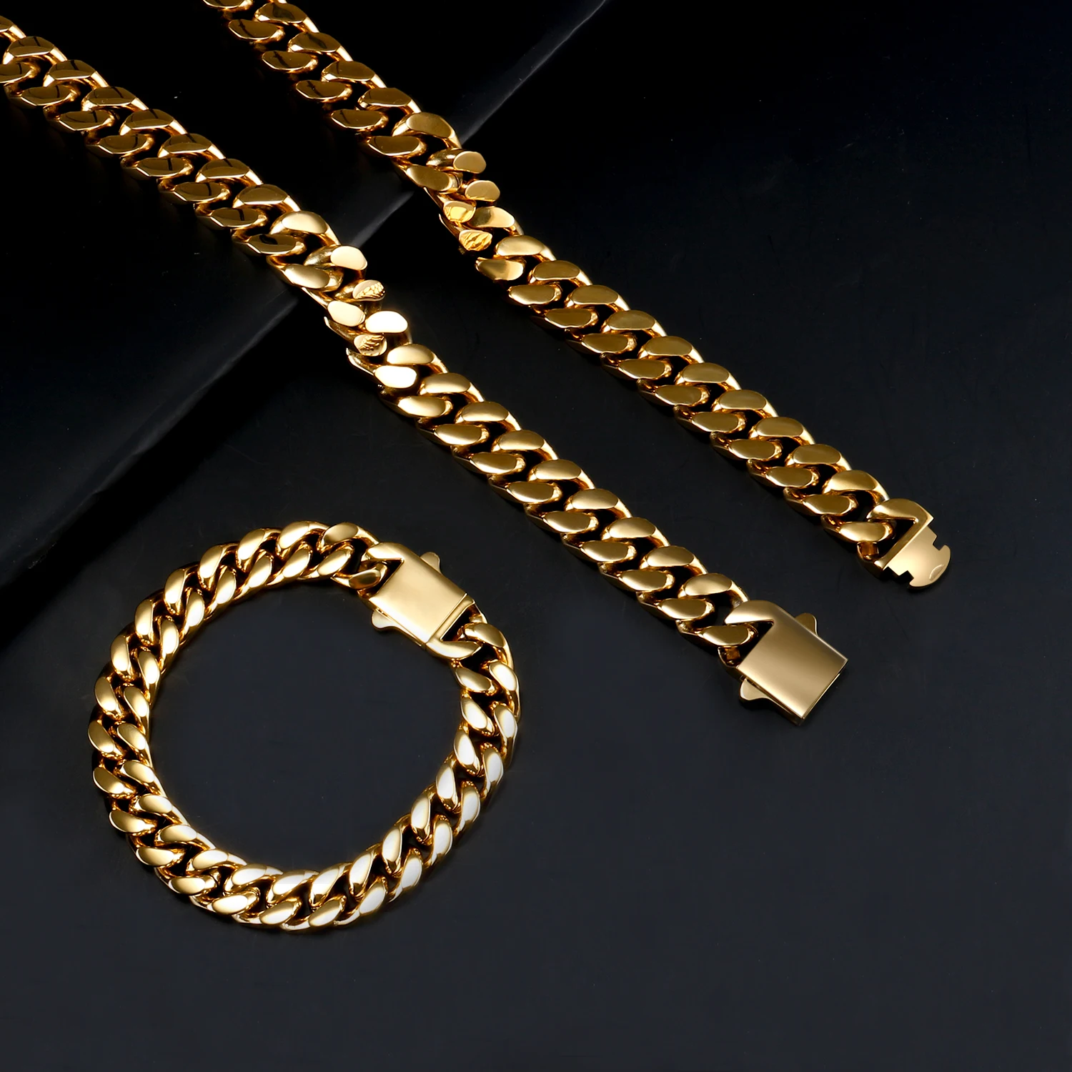 

OUMI Fashion Cuban Necklace Bracelet, 18K/14k Stainless Steel Gold Cuban Chain, Jewelry set Customized Logo