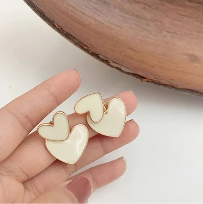 

Jachon 2021 Valentines Day Gift White Enamel Double Heart Earring Geometric Statement Oil Drip Heart Drop Earring For Girls